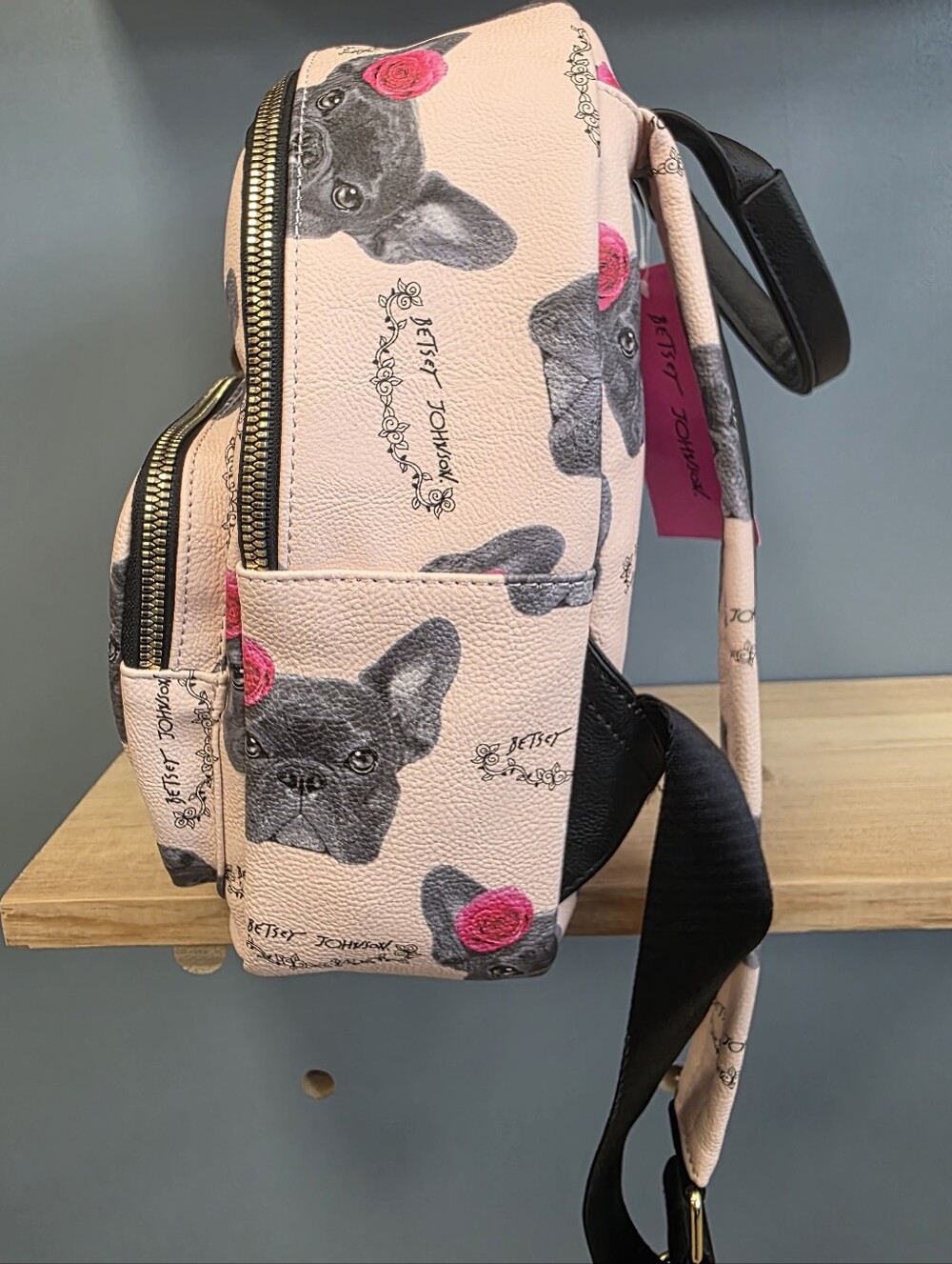 Betsey Johnson Pink French Bulldog Pattern Mini Backpack with Black Pom - Picture 9 of 10